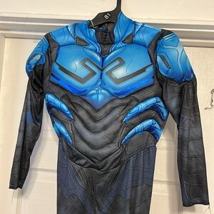 Blue Beetle Costume M 8-10 Padded Jumpsuit Shoe Covers Plastic Mask Dress Up NEW